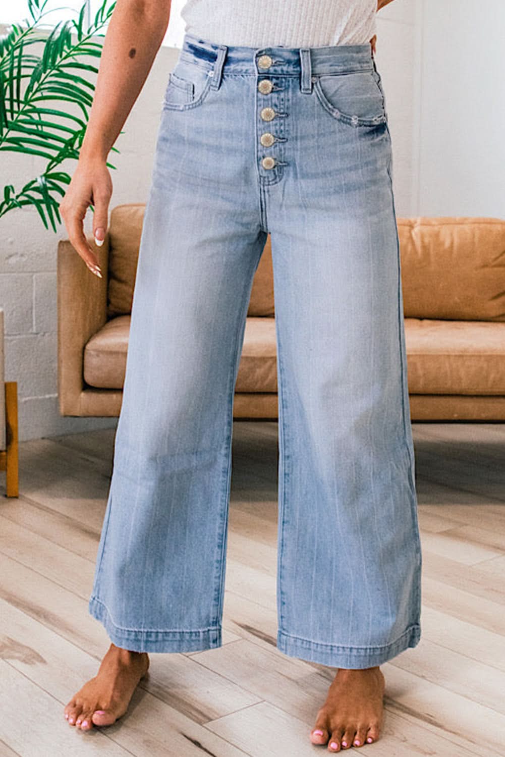 Beau Blue Wide Leg Jeans With Multiple Button Fly Details Denim