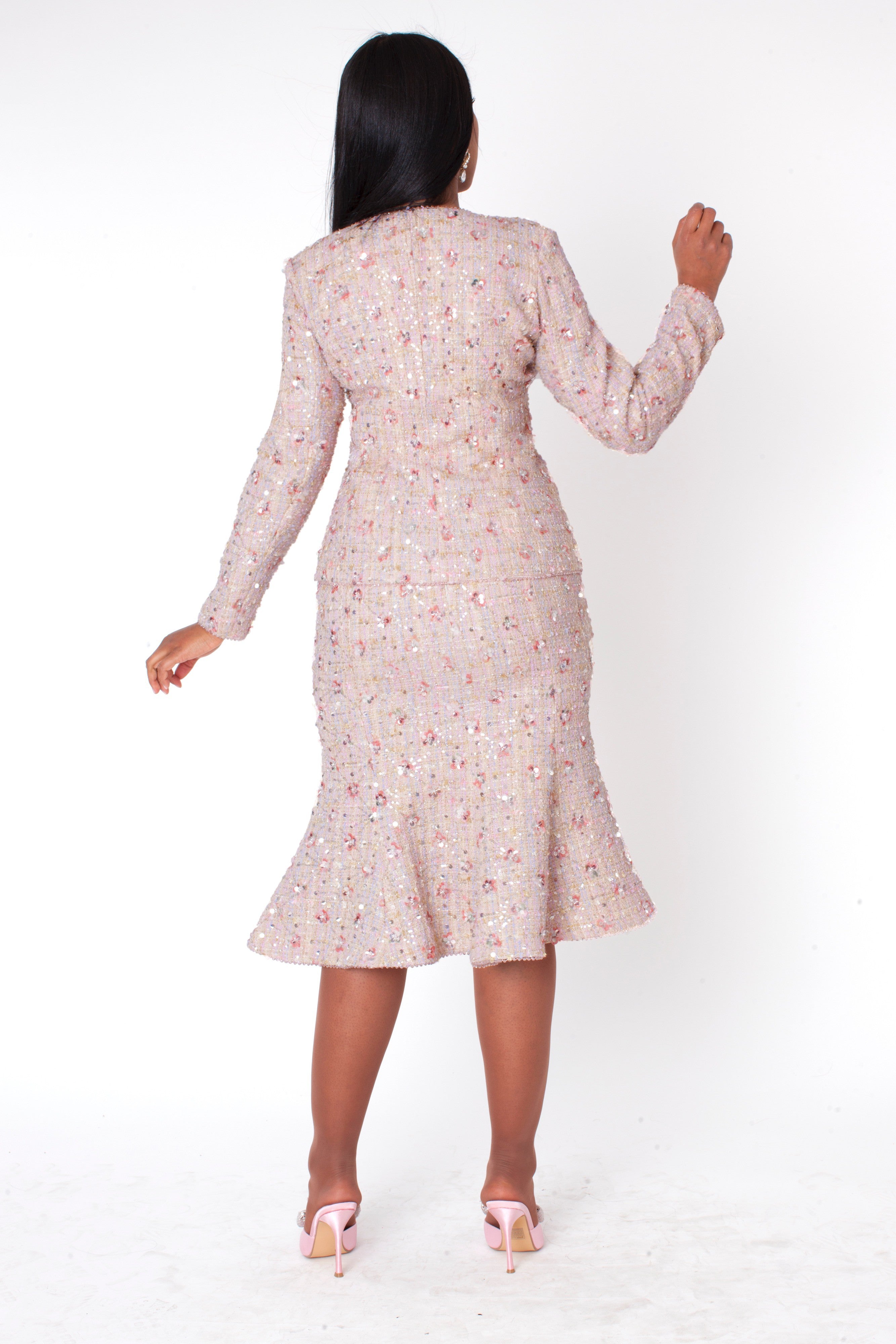 Embroidered Sequin Tweed Jacket & Skirt Set Suit - 41072 embellished blush pink