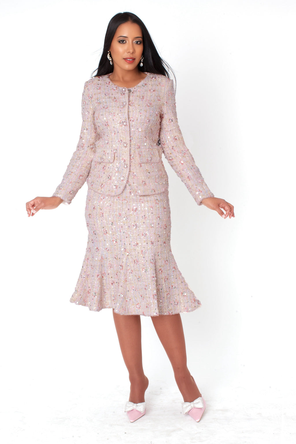 Embroidered Sequin Tweed Jacket & Skirt Set Suit - 41072 embellished blush pink