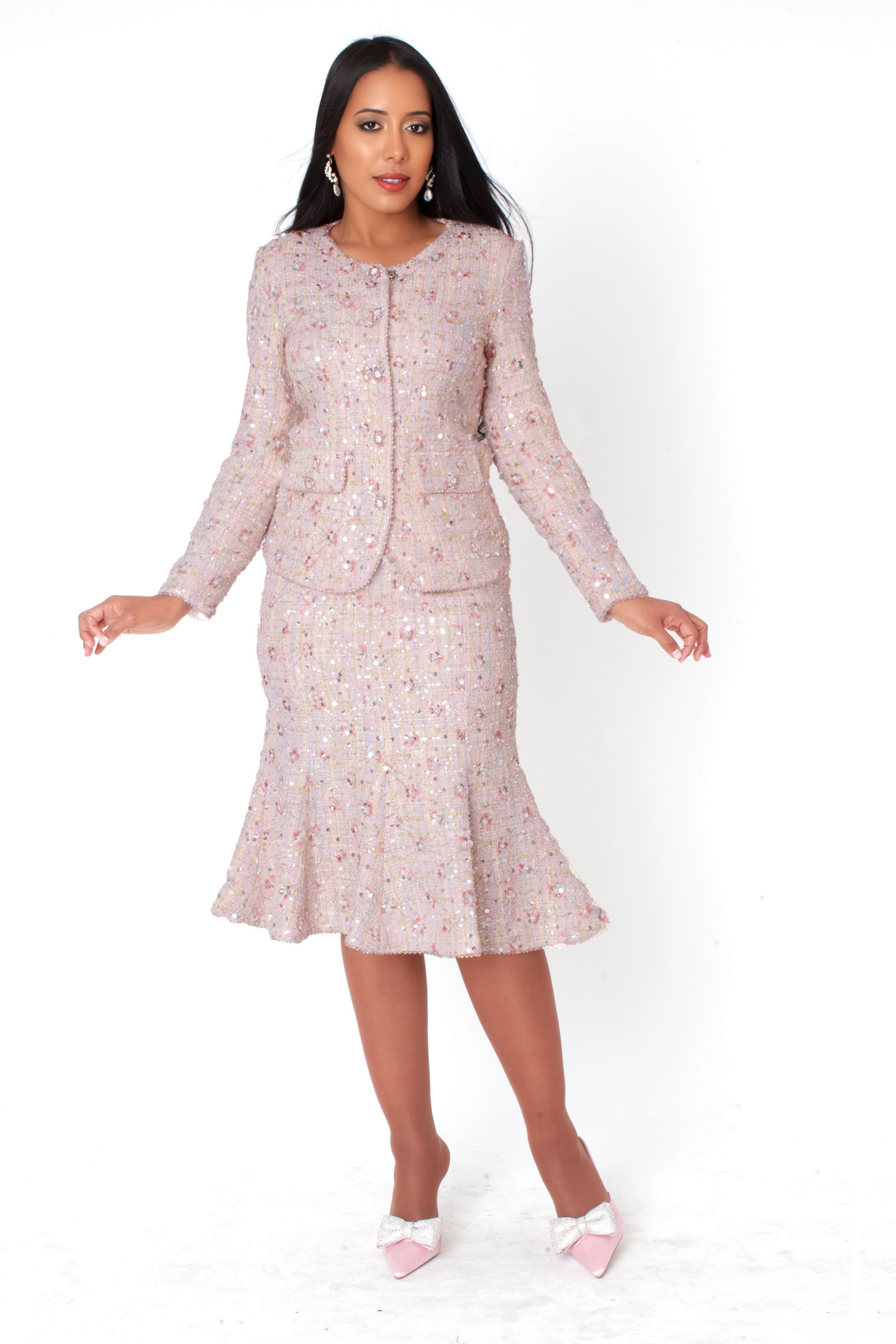 Embroidered Sequin Tweed Jacket & Skirt Set Suit - 41072 embellished blush pink