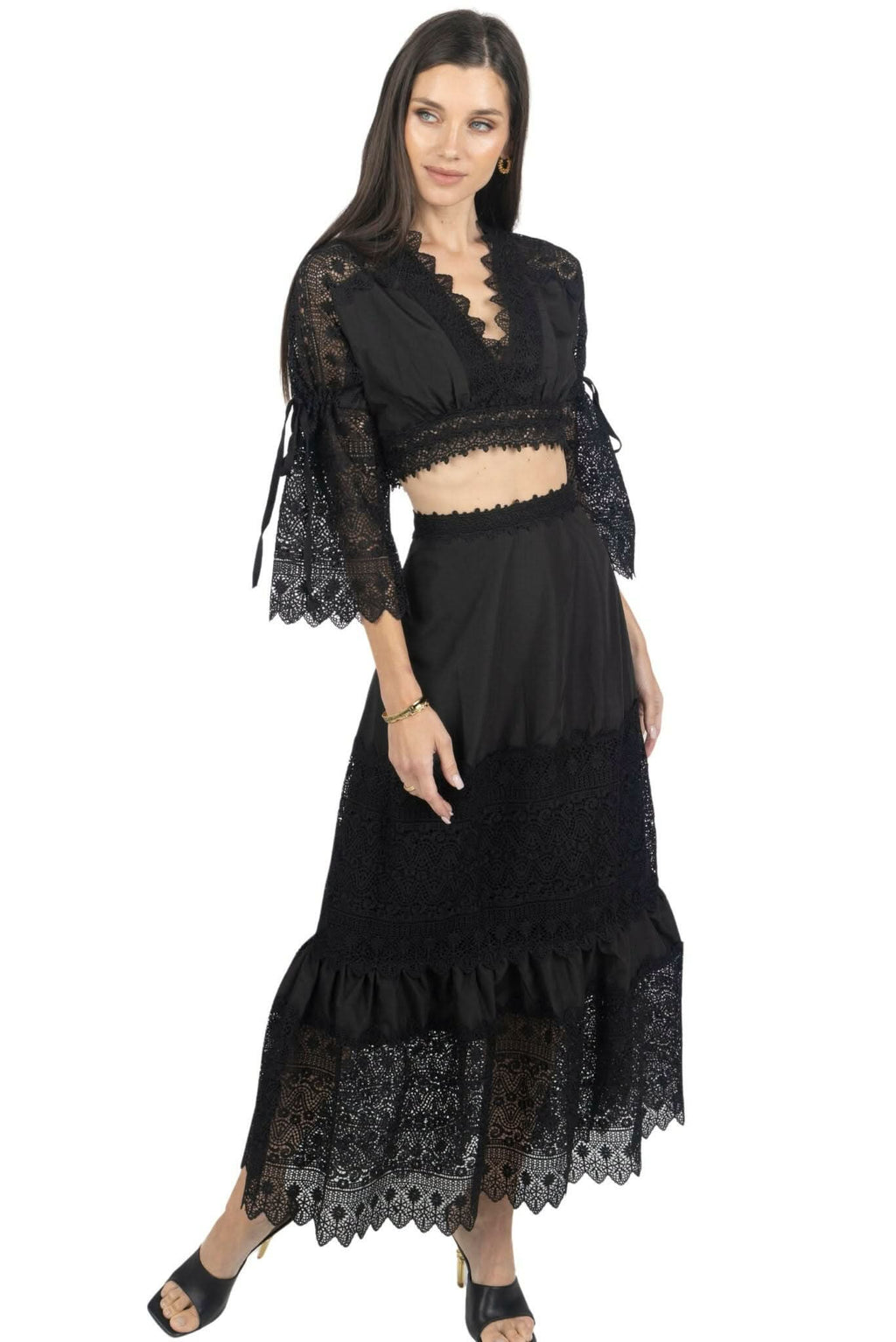 Emily Guipure Lace cropped Top & Maxi Skirt Set In Black suit ladies Akalia XS