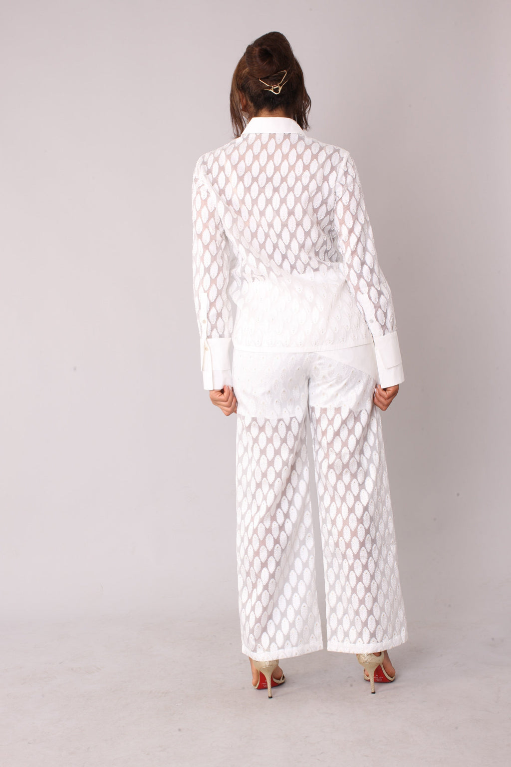 Eyelet Tulle Top 82338 – Feather Pattern Sheer Blouse top white