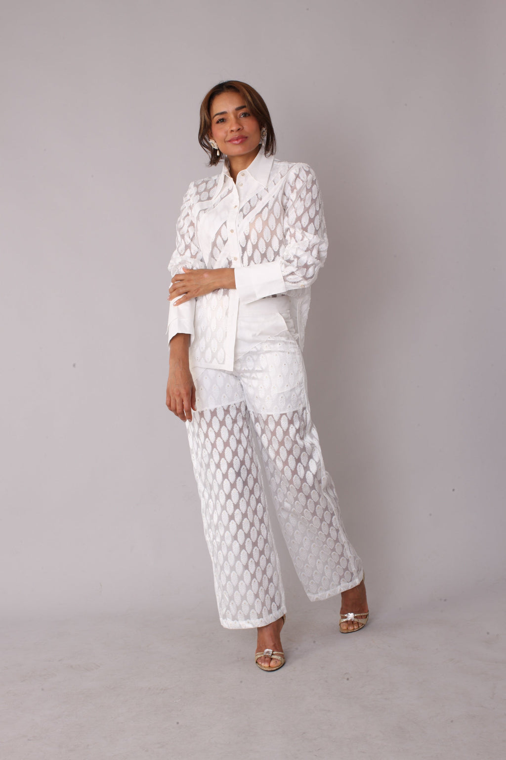 Eyelet Tulle Top 82338 – Feather Pattern Sheer Blouse top white