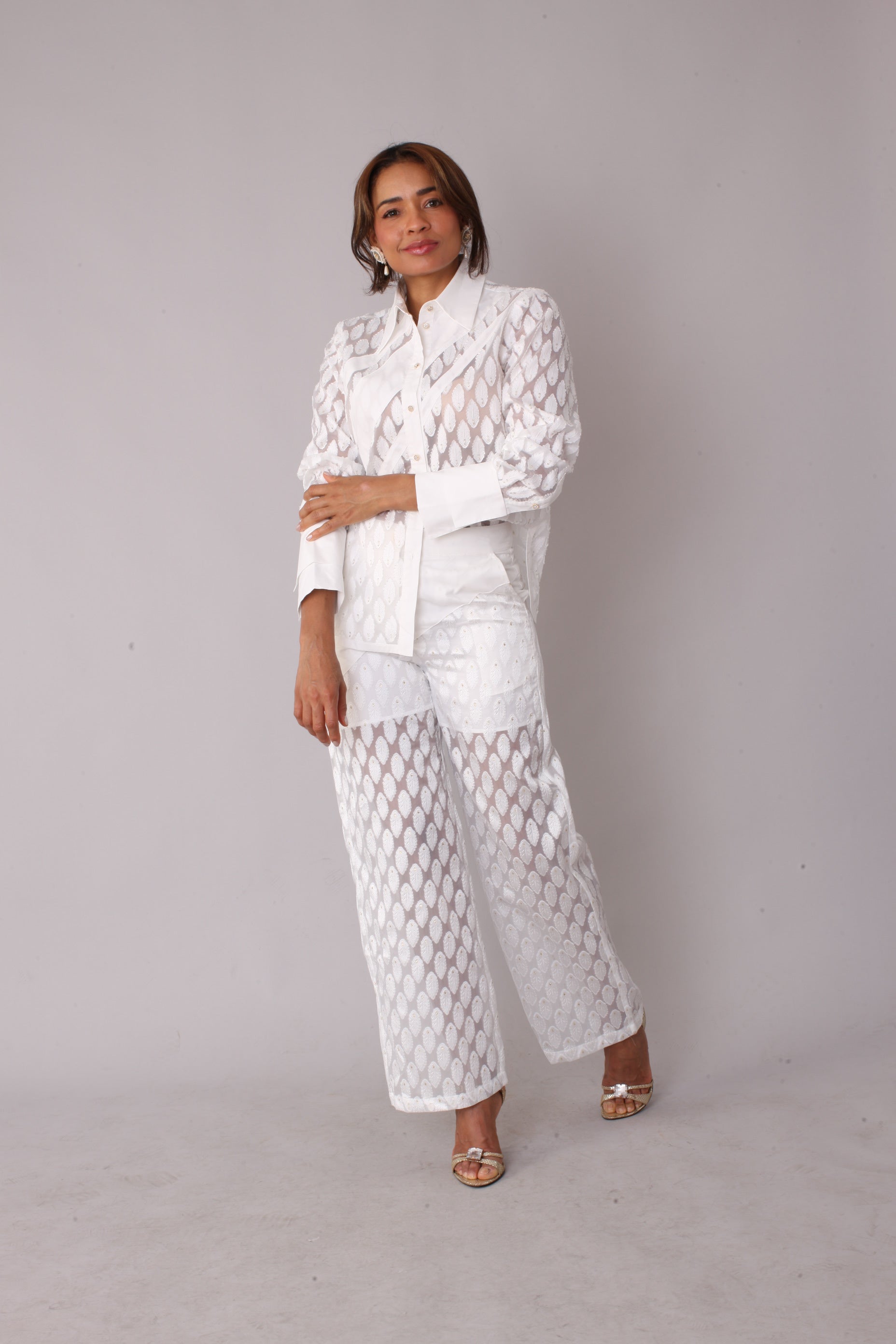 Eyelet Tulle Top 82338 – Feather Pattern Sheer Blouse top white