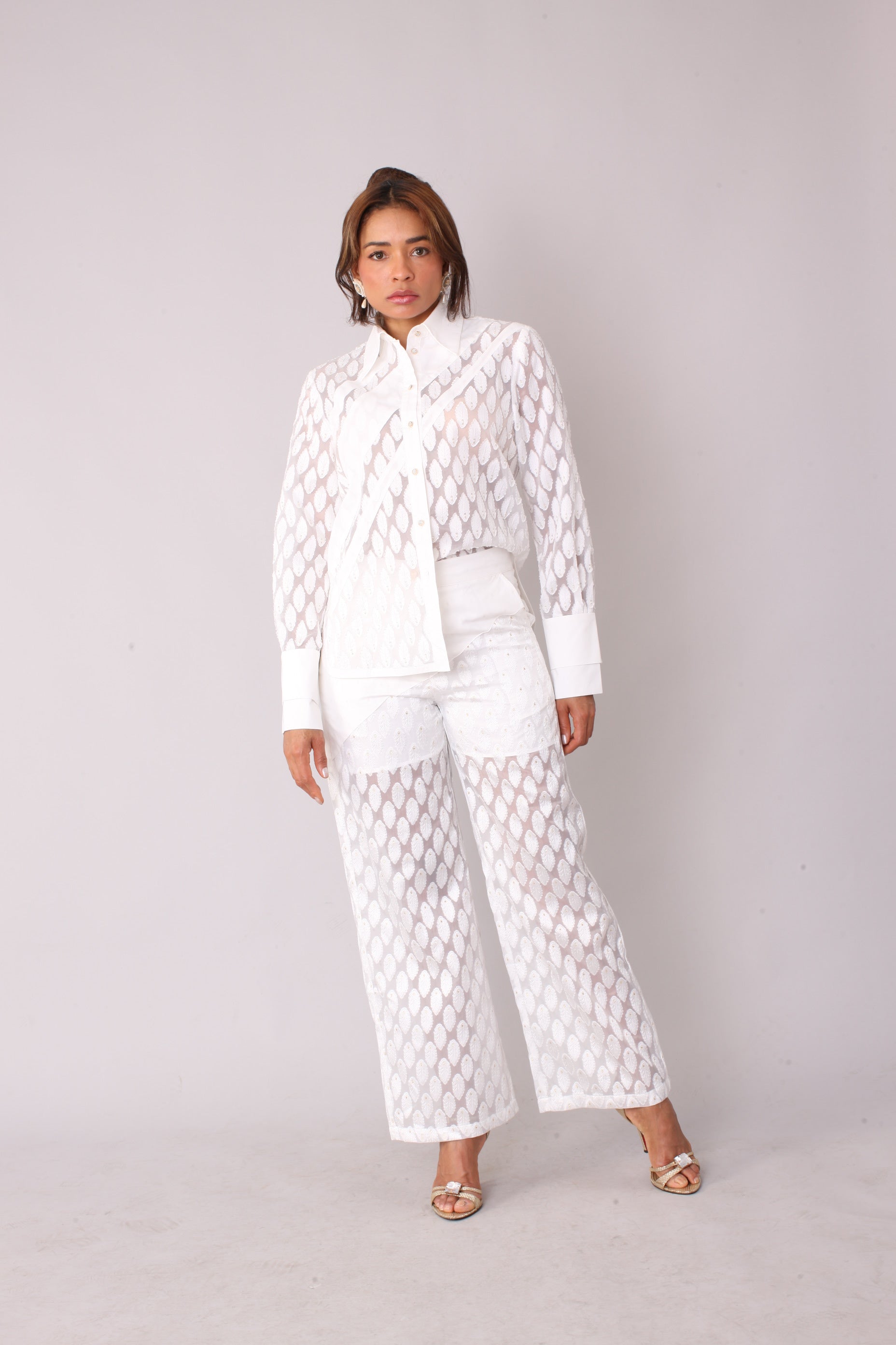 Eyelet Tulle Top 82338 – Feather Pattern Sheer Blouse top white