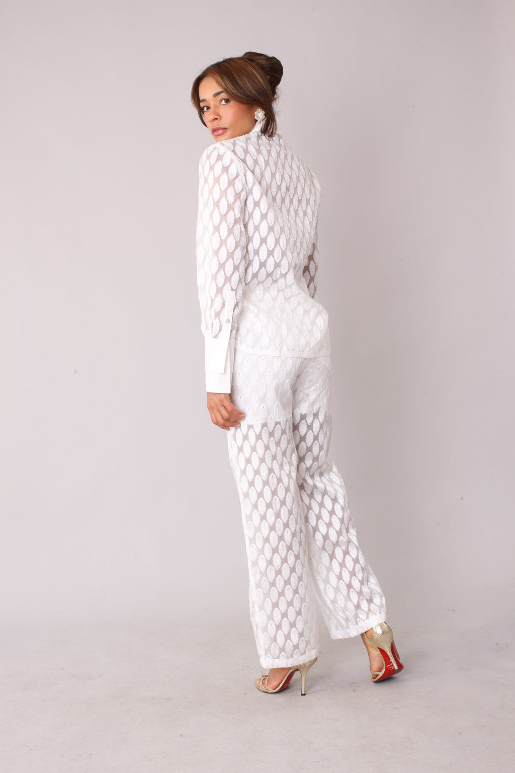 Eyelet Tulle Top 82338 – Feather Pattern Sheer Blouse top white