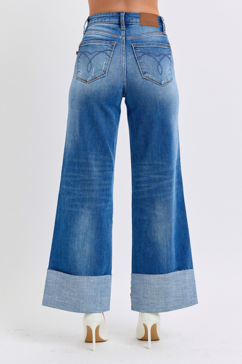Judy Blue Full Size Distressed High Waist Wide Leg Blue Jeans
