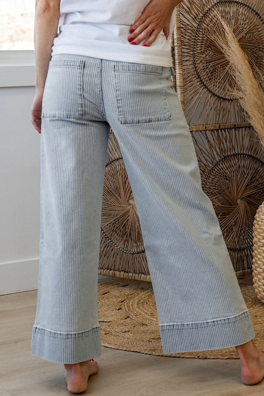 Sky Blue Striped Button Flap Pocket Wide Leg Denim Jeans Boutique