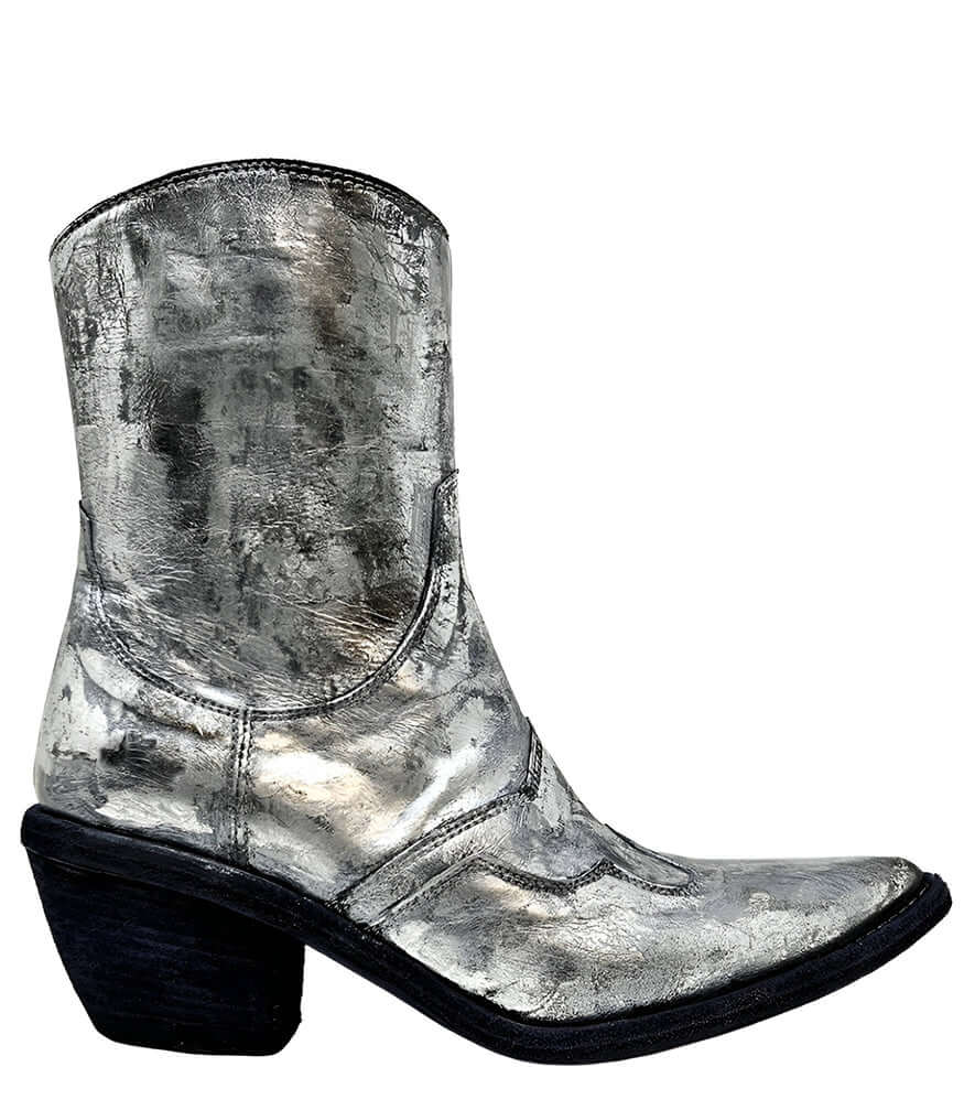 Silver Laminated Pointy Toe leather Ankle Boot booties Italy Madison Maison
