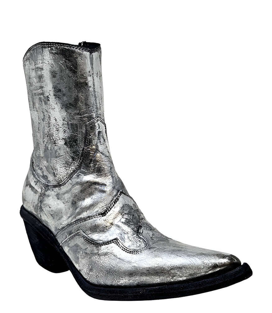 Silver Laminated Pointy Toe leather Ankle Boot booties Italy Madison Maison
