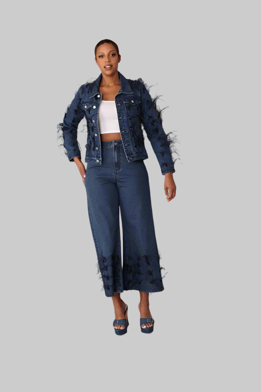 Feather Trim Denim Jacket - 82303 Trendy ladies boutique