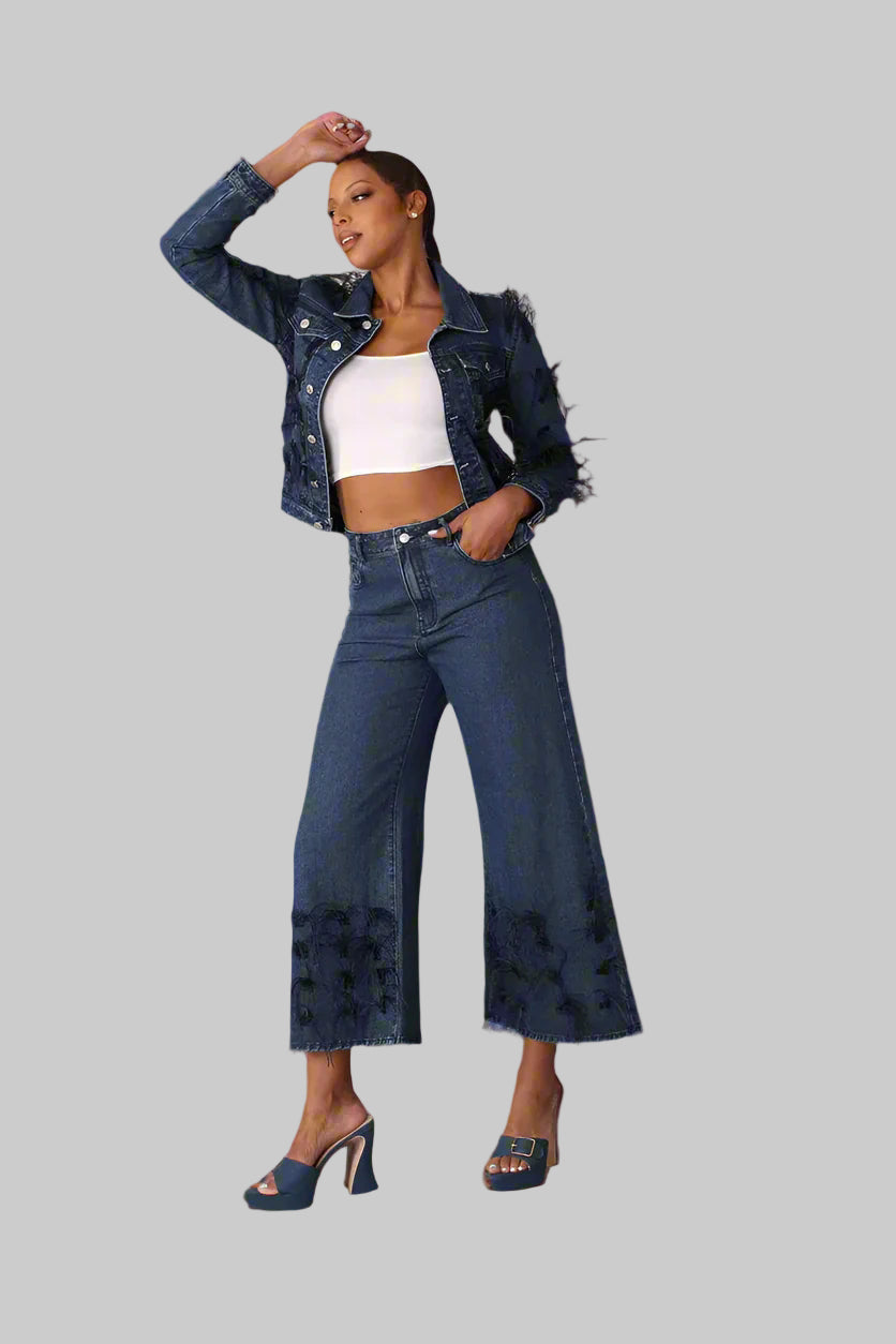 Feather Trim Denim Jacket - 82303 Trendy ladies boutique