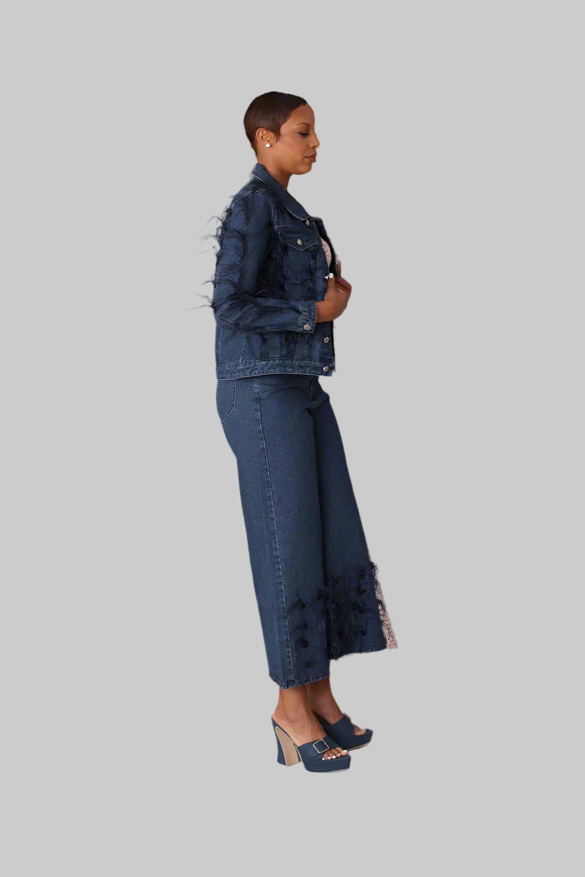 Feather Trim Denim Jacket - 82303 Trendy ladies boutique