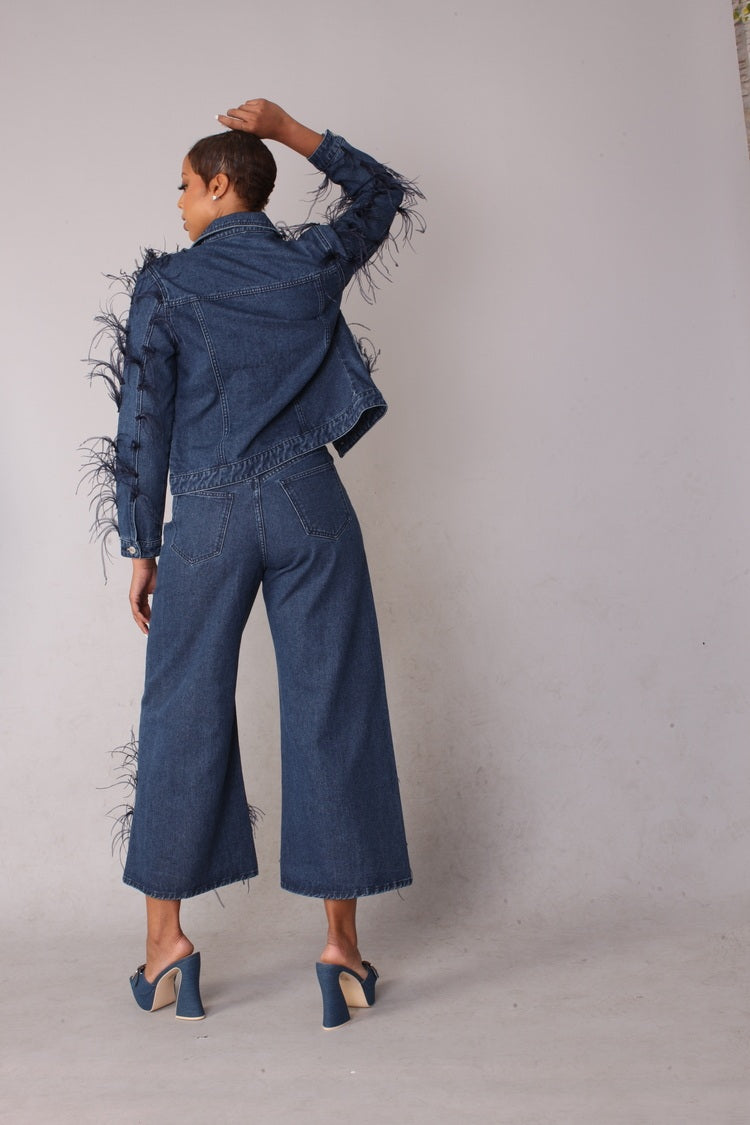 Feather Trim Wide Leg cropped Capri Jeans - 82304