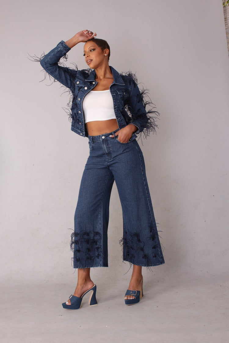 Feather Trim Wide Leg cropped Capri Jeans - 82304