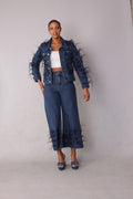 Feather Trim Wide Leg cropped Capri Jeans - 82304