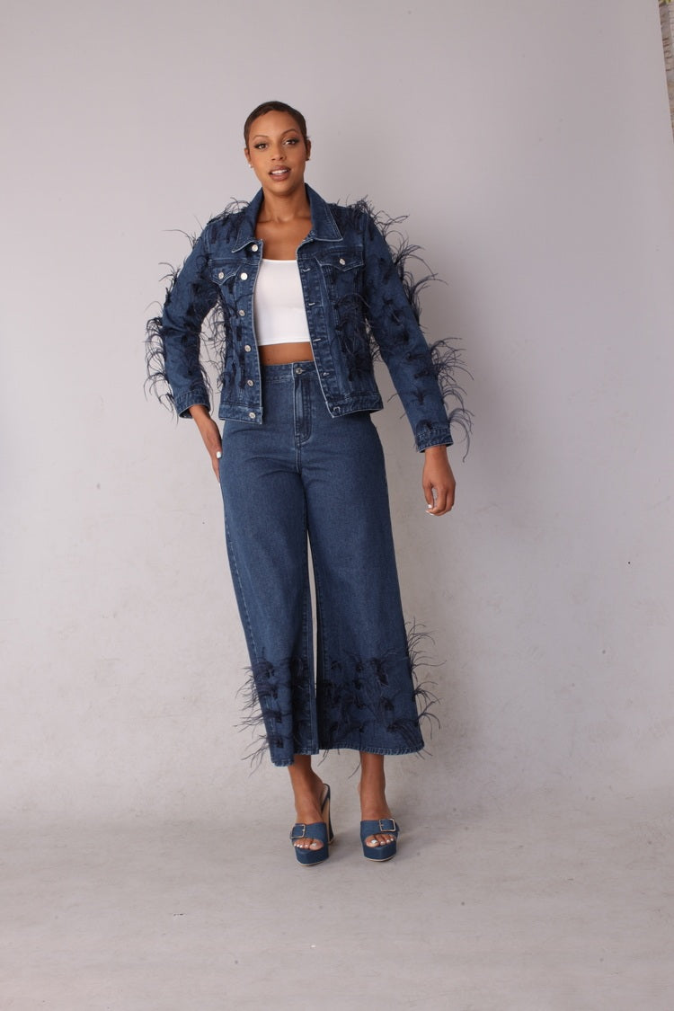 Feather Trim Wide Leg cropped Capri Jeans - 82304