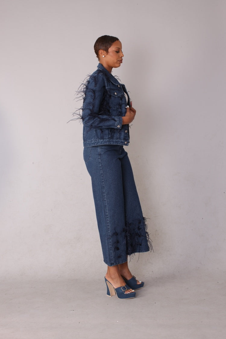 Feather Trim Wide Leg cropped Capri Jeans - 82304