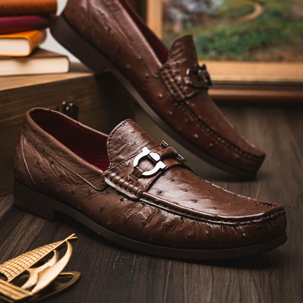 Ferrioni Kango Tabac genuine ostrich buckle loafers shoes men's brown