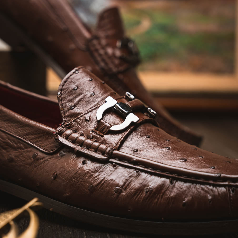 Ferrioni Kango Tabac genuine ostrich buckle loafers shoes men's brown