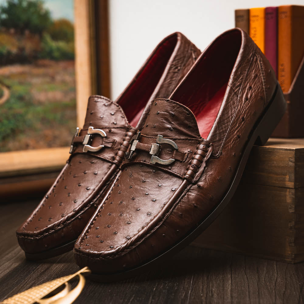 Ferrioni Kango Tabac genuine ostrich buckle loafers shoes men's brown