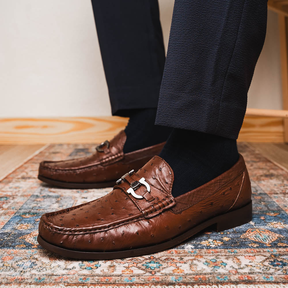 Ferrioni Kango Tabac genuine ostrich buckle loafers shoes men's brown