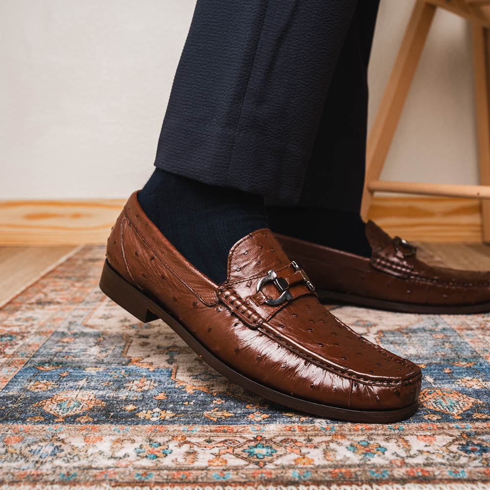 Ferrioni Kango Tabac genuine ostrich buckle loafers shoes men's brown