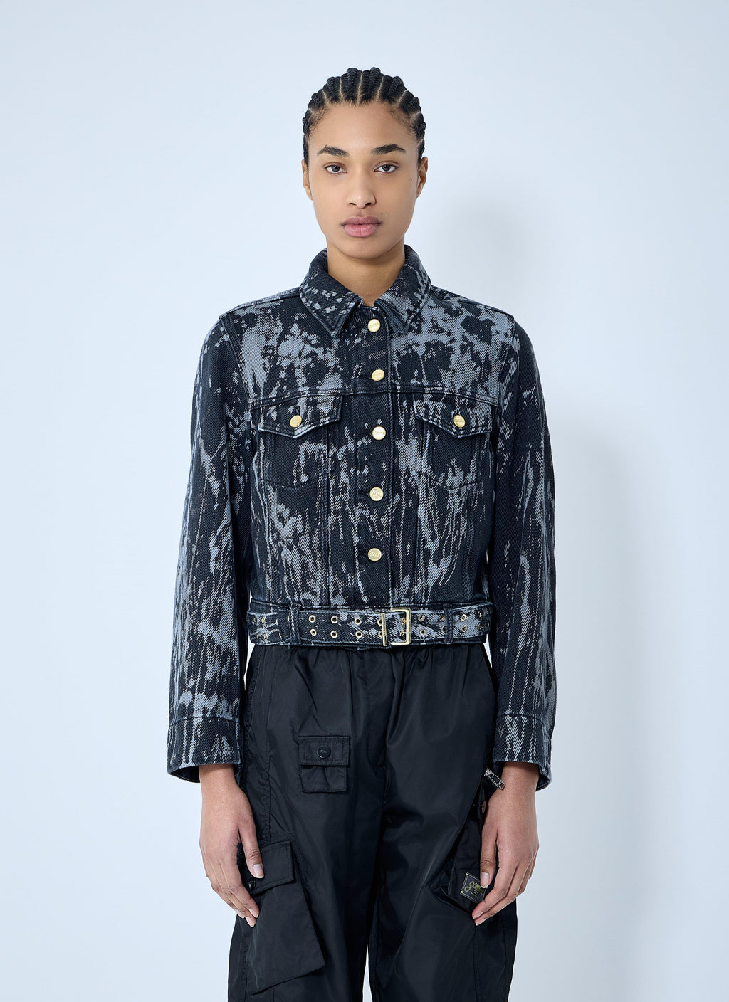 Ganni ladies Heavy Denim Belted trucker Jacket Blue Jean cropped