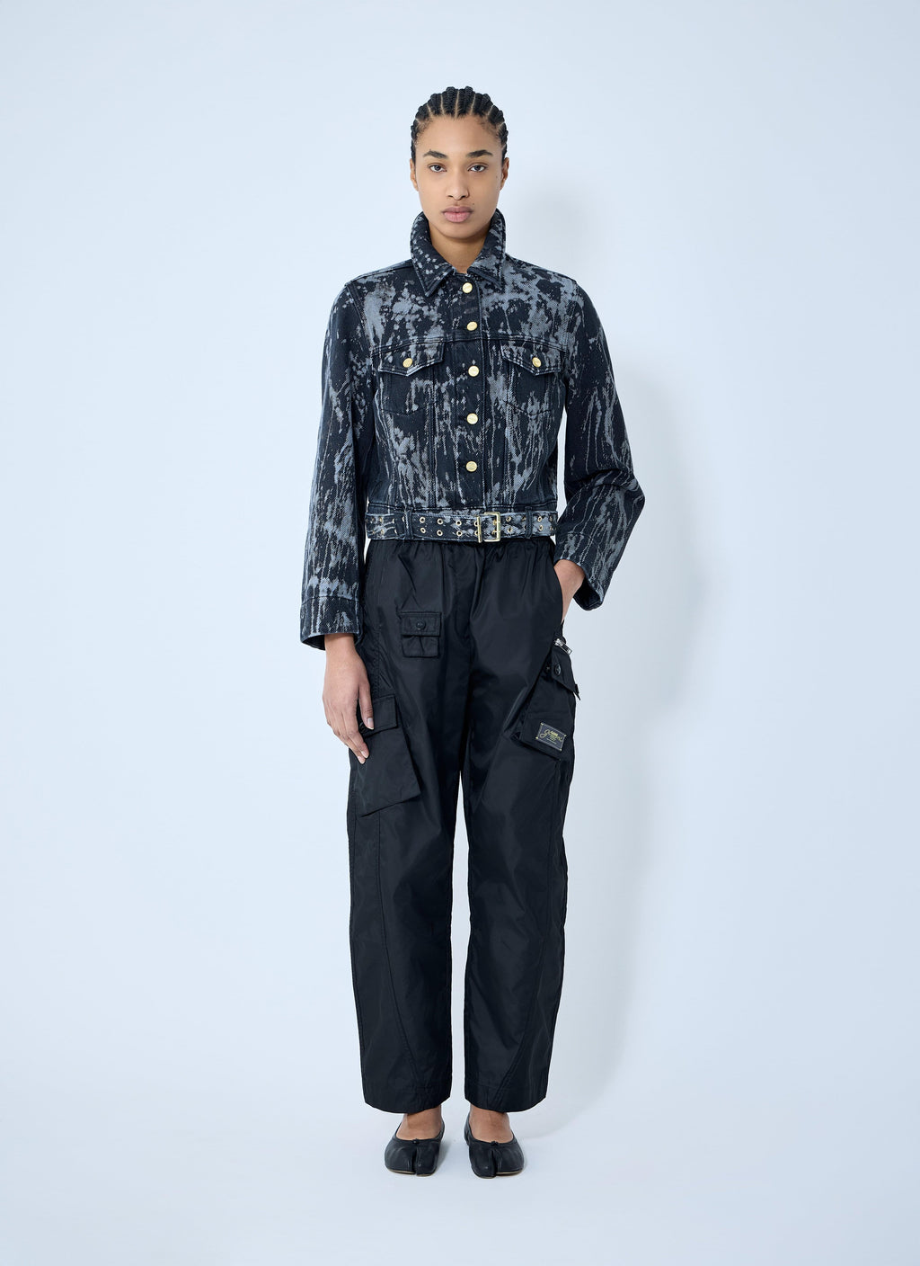 Ganni ladies Heavy Denim Belted trucker Jacket Blue Jean cropped