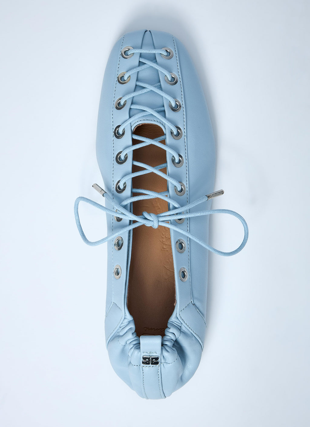 Ganni ladies Eyelets Lace Up Ballerina flats shoes baby blue leather