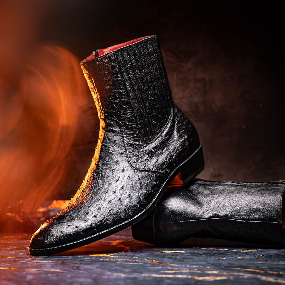 Giorgio Black ostrich quill boots men's casual dress Milano leather