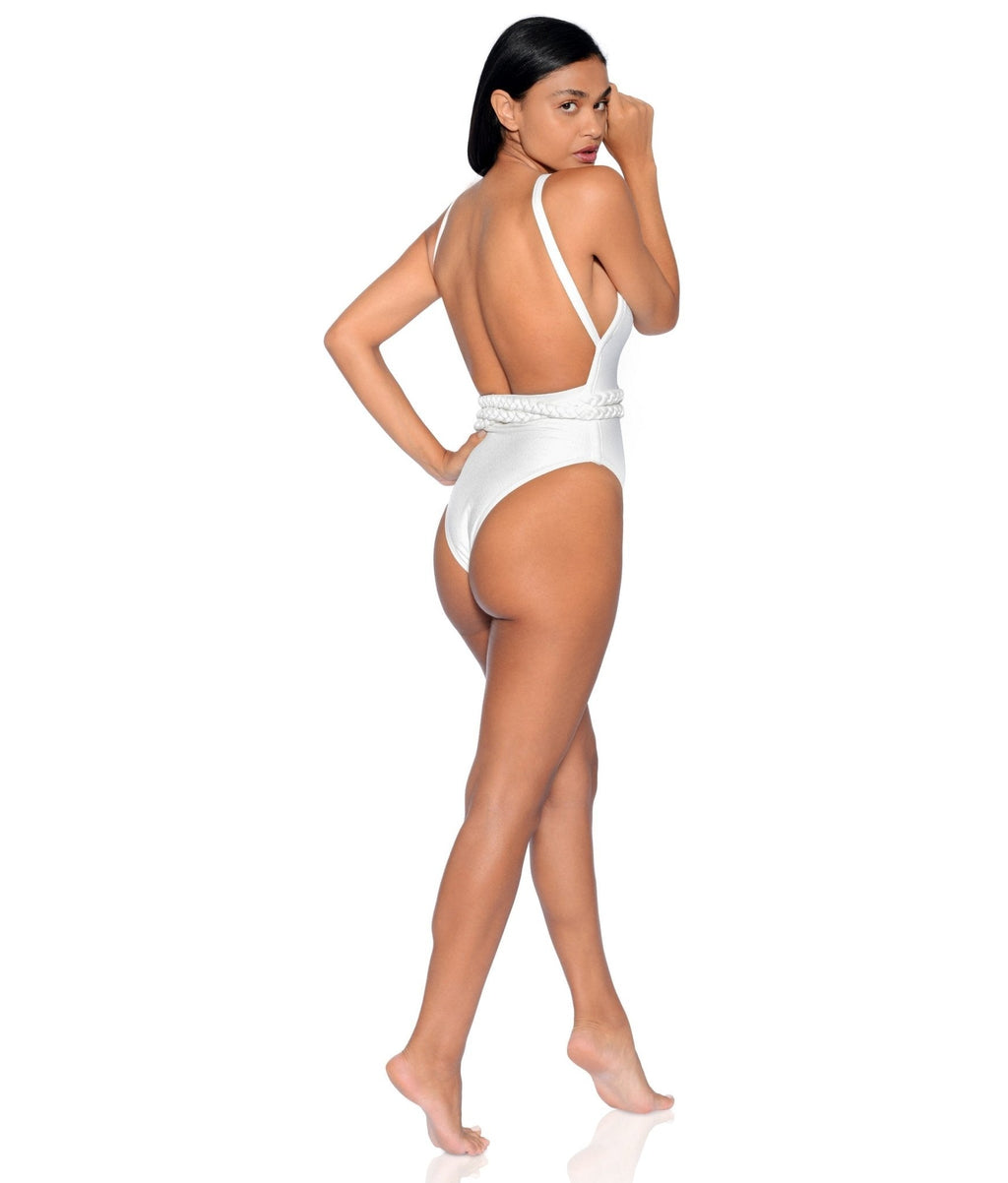 Greece Belted One-Piece Swimsuit Black White hi-cut cheeky