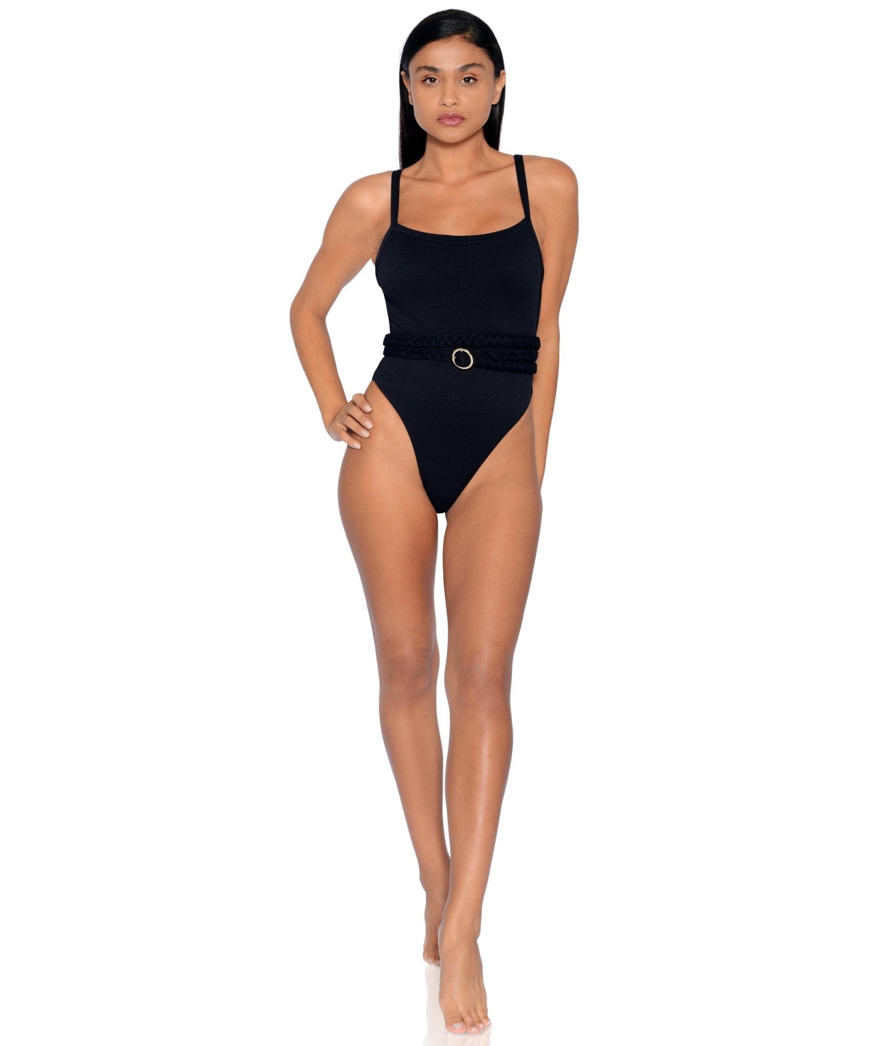 Greece Belted One-Piece Swimsuit Black White hi-cut cheeky