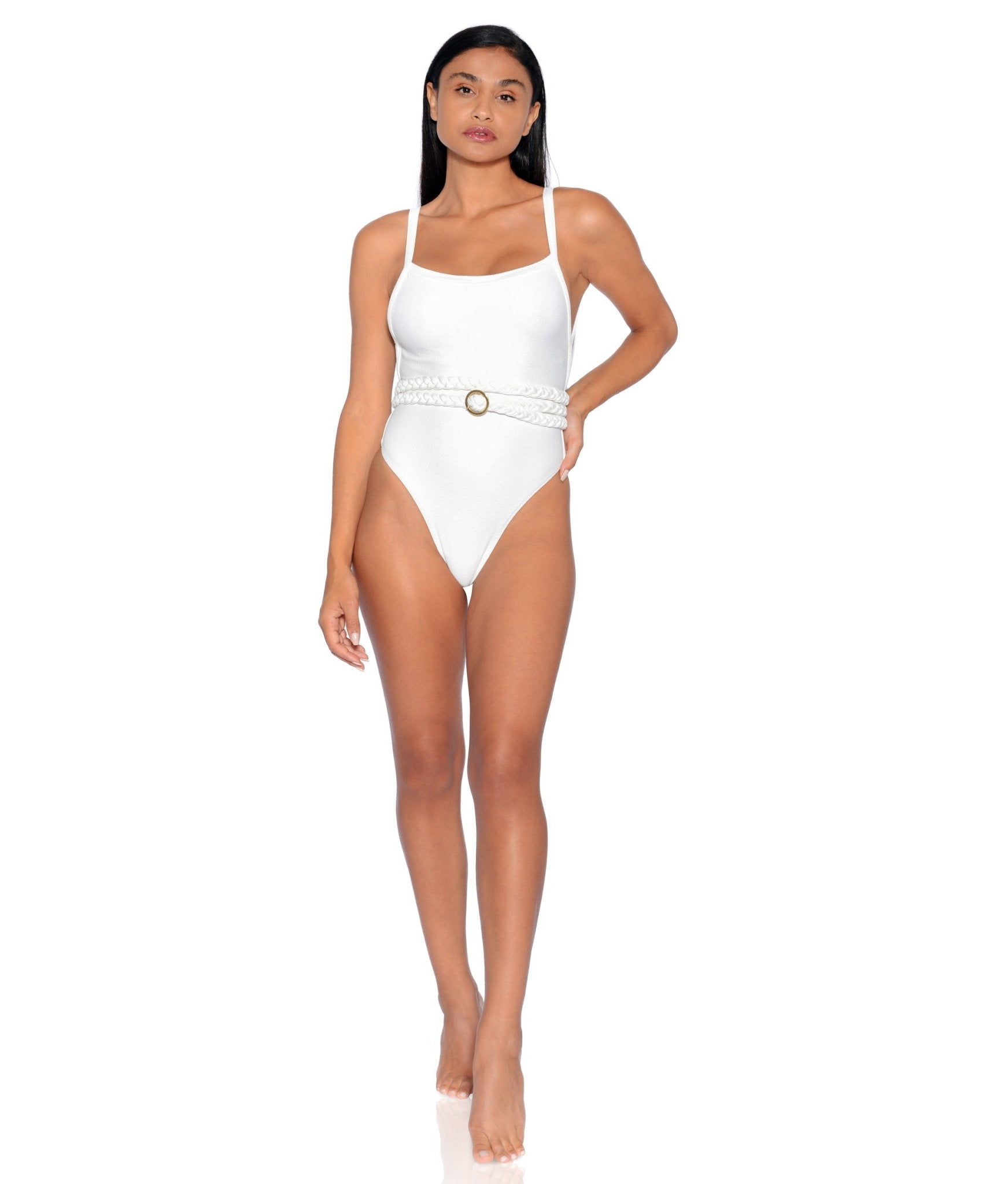Greece Belted One-Piece Swimsuit Black White hi-cut cheeky