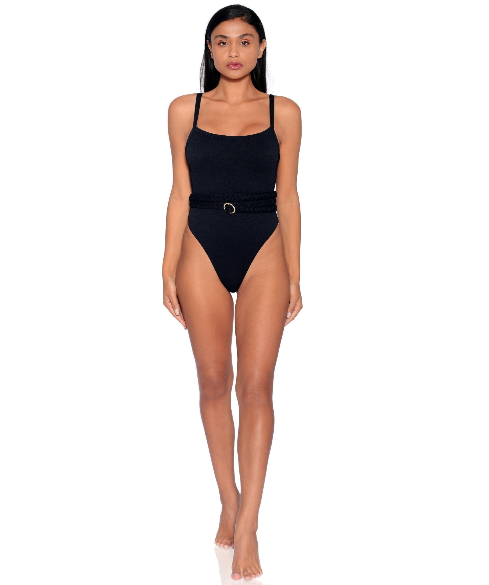 Greece Belted One-Piece Swimsuit Black White hi-cut cheeky