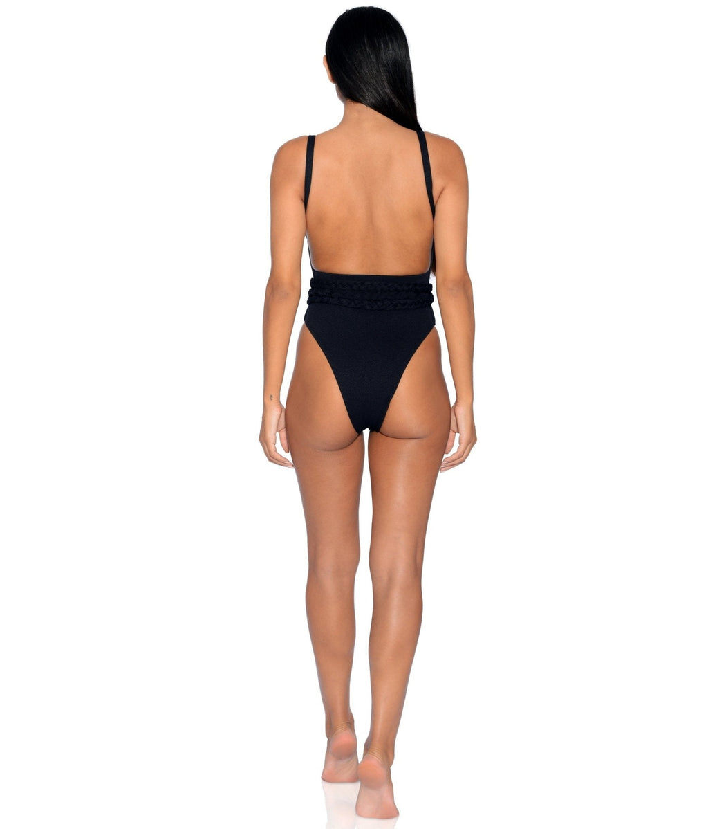 Greece Belted One-Piece Swimsuit Black White hi-cut cheeky