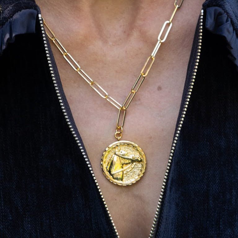 Horsehead Disc Charm Necklace - Paperclip Chain - 18k Gold Plated equestrian
