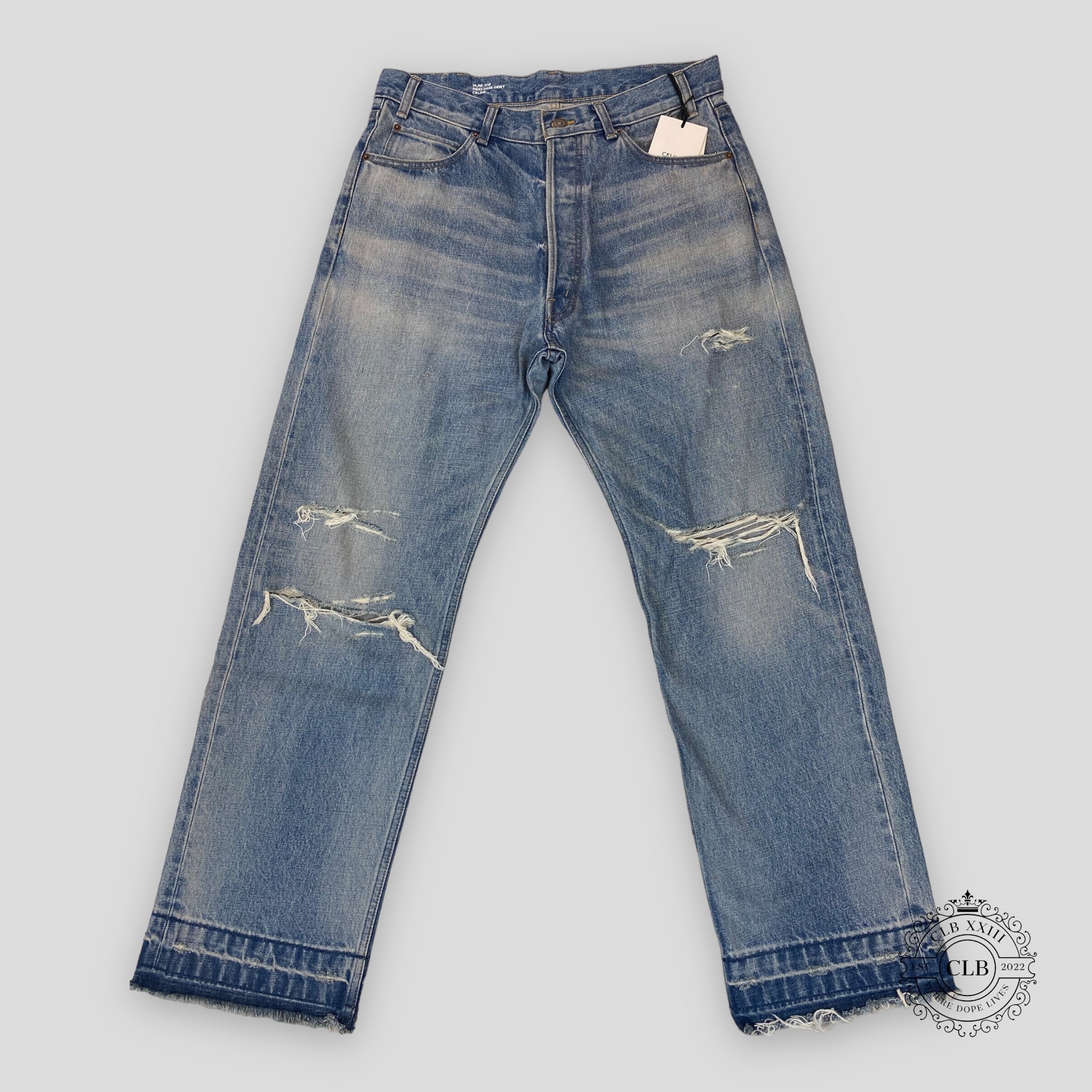 Celine Homme Wesley Straight-Leg Distressed Jeans in Light Blue Men's