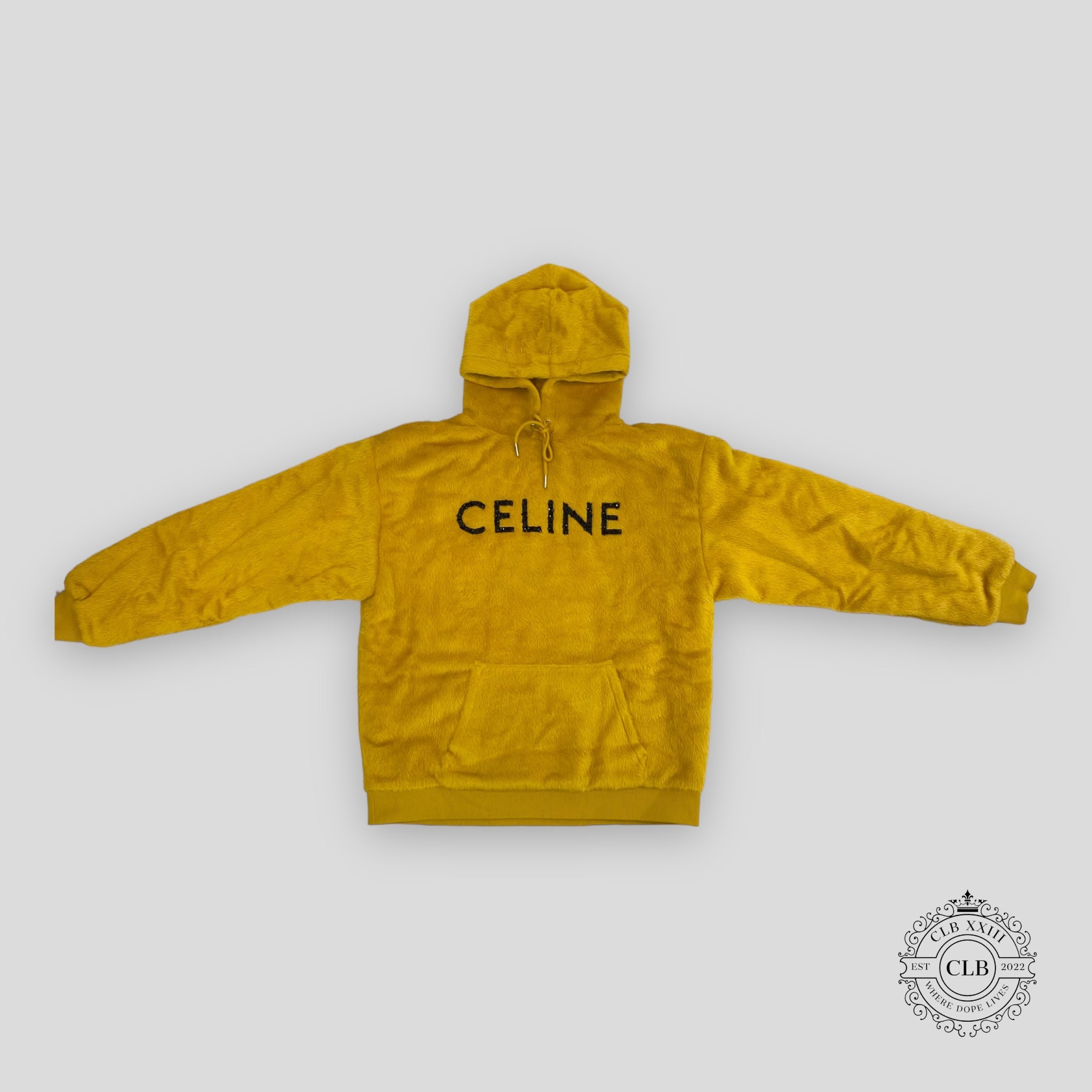 Celine Homme Glitter Sequined Logo Fuzzy Hoodie in Yellow wool XL XXL Men's unisex
