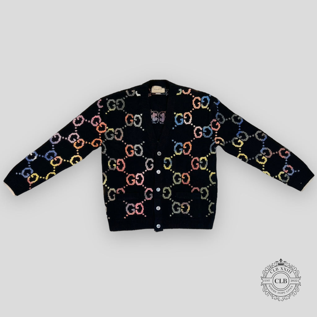 GUCCI GG MOTIF KNIT CARDIGAN - BLACK/MULTICOLOR button up sweater XL men's