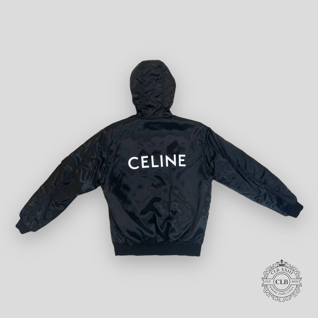 Celine Homme Oversized Chain Logo Hooded Bomber in Black jacket coat Men's