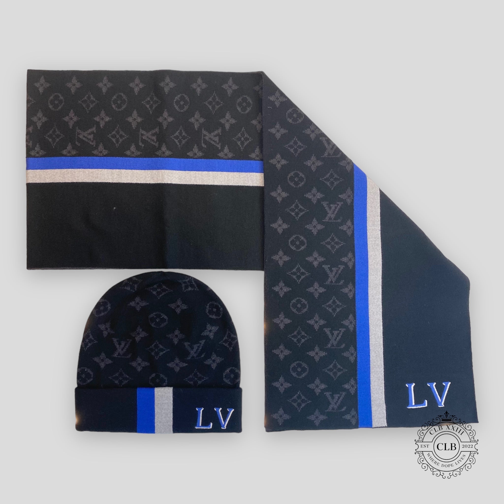 Louis Vuitton Varsity Hat / Scarf Set LV Blue men's unisex wool