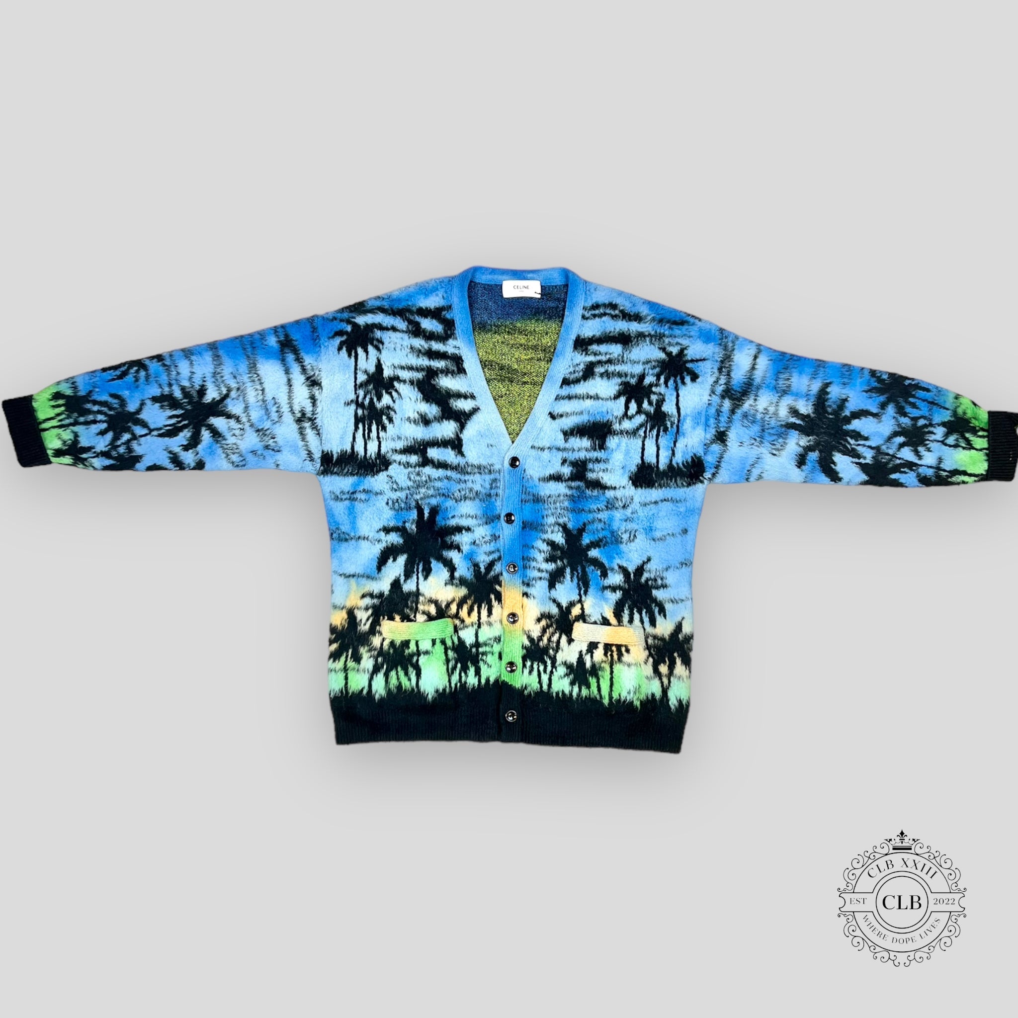 Celine Jacquard-Knit Palm Tree Cardigan in Blue coat jacket XL XXL men's unisex sweater