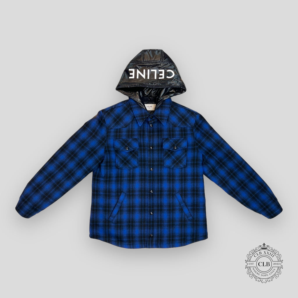 Celine Homme Logo Nylon Trim Flannel Hooded Overshirt in Blue shacket men's