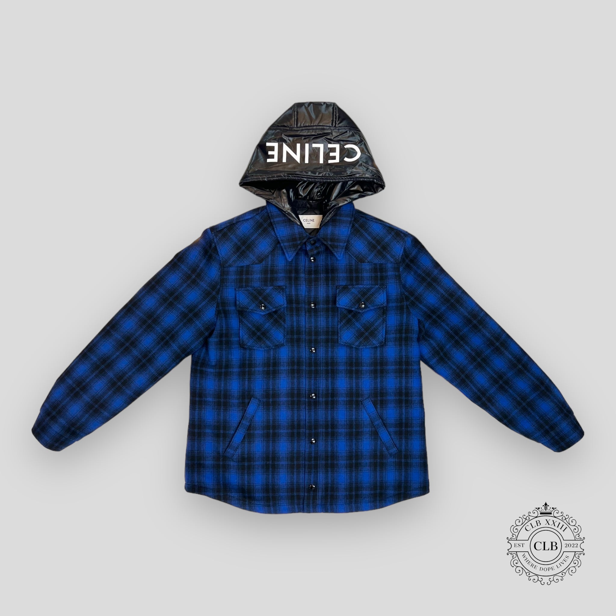 Celine Homme Logo Nylon Trim Flannel Hooded Overshirt in Blue shacket men's