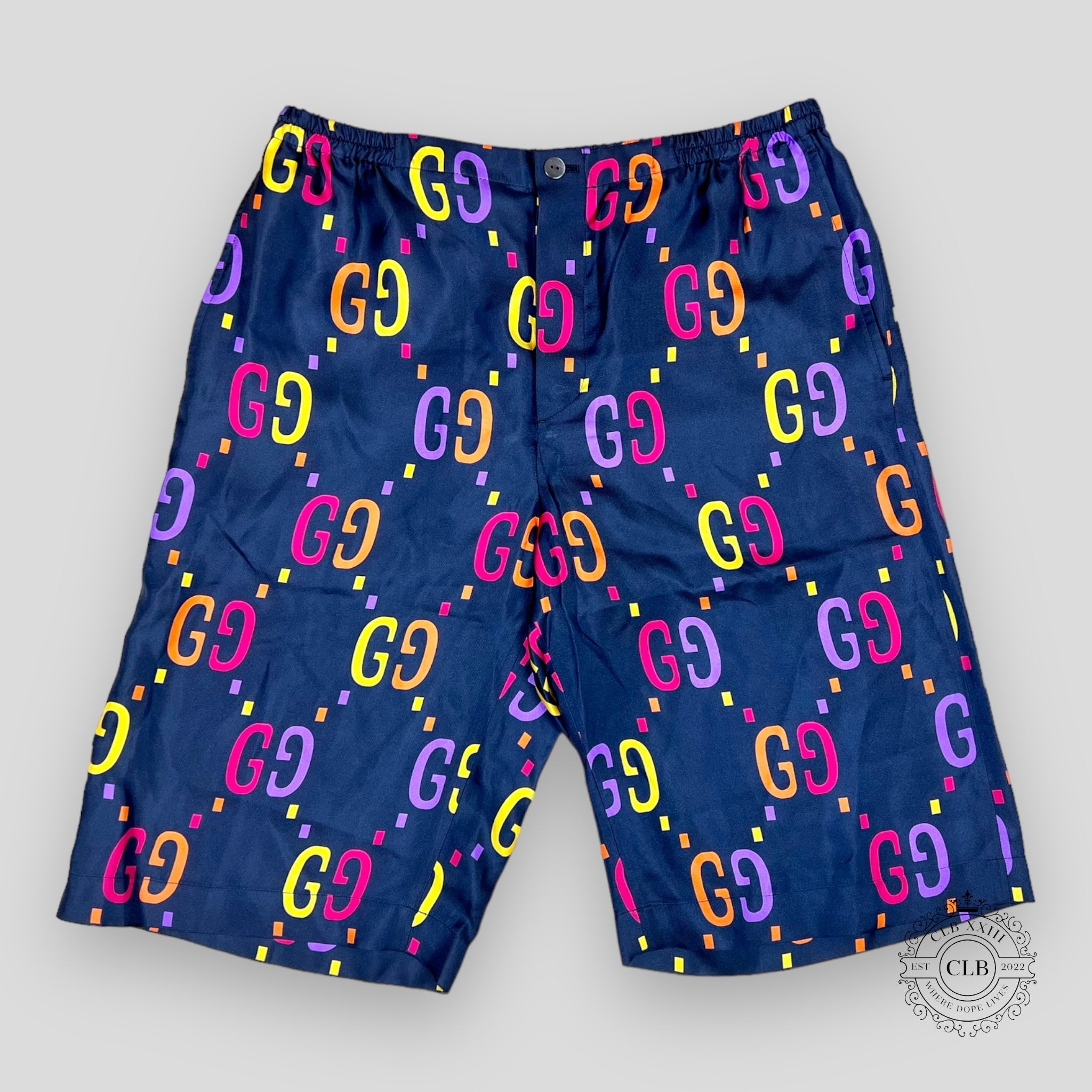 GUCCI GG logo JACQUARD SHORTS- BLUE men's silk navy 46 48