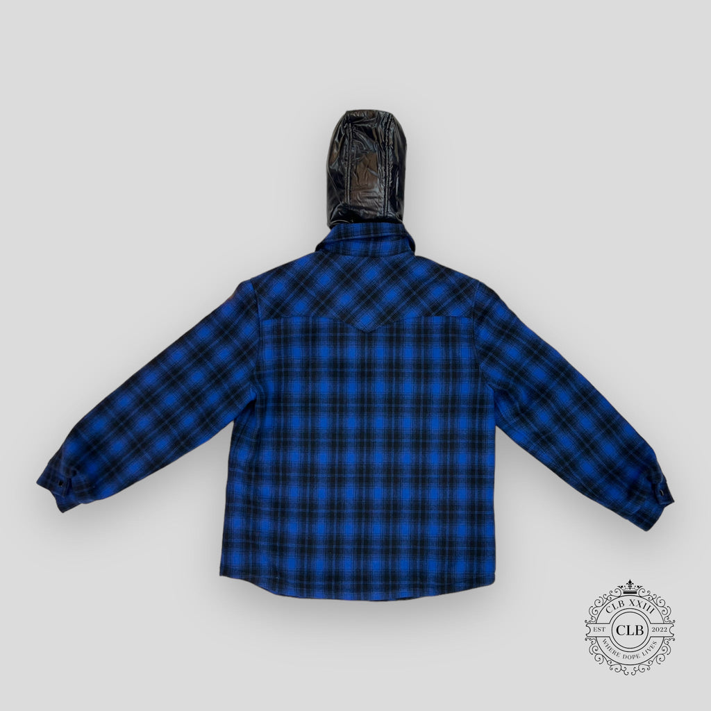 Celine Homme Logo Nylon Trim Flannel Hooded Overshirt in Blue shacket men's