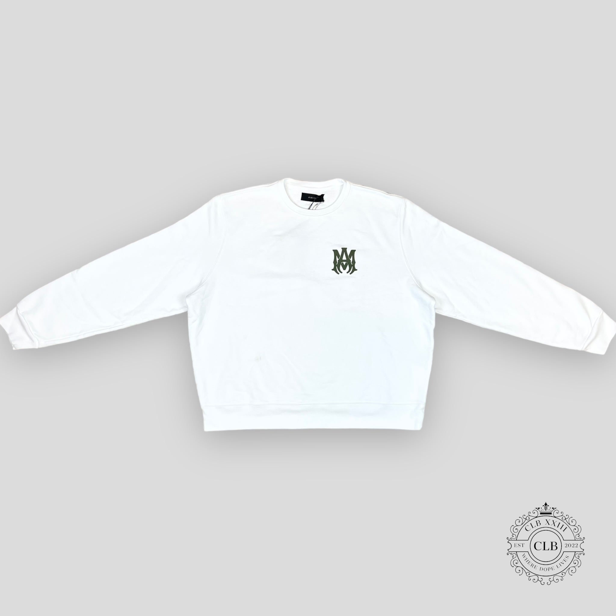 Amiri Ma Logo Crewneck in White/Military Green pullover sweatshirt XL XXL