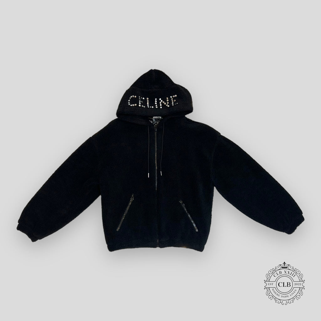 Celine Homme Logo Embellished Fleece Hoodie in Black jacket zip men's unisex