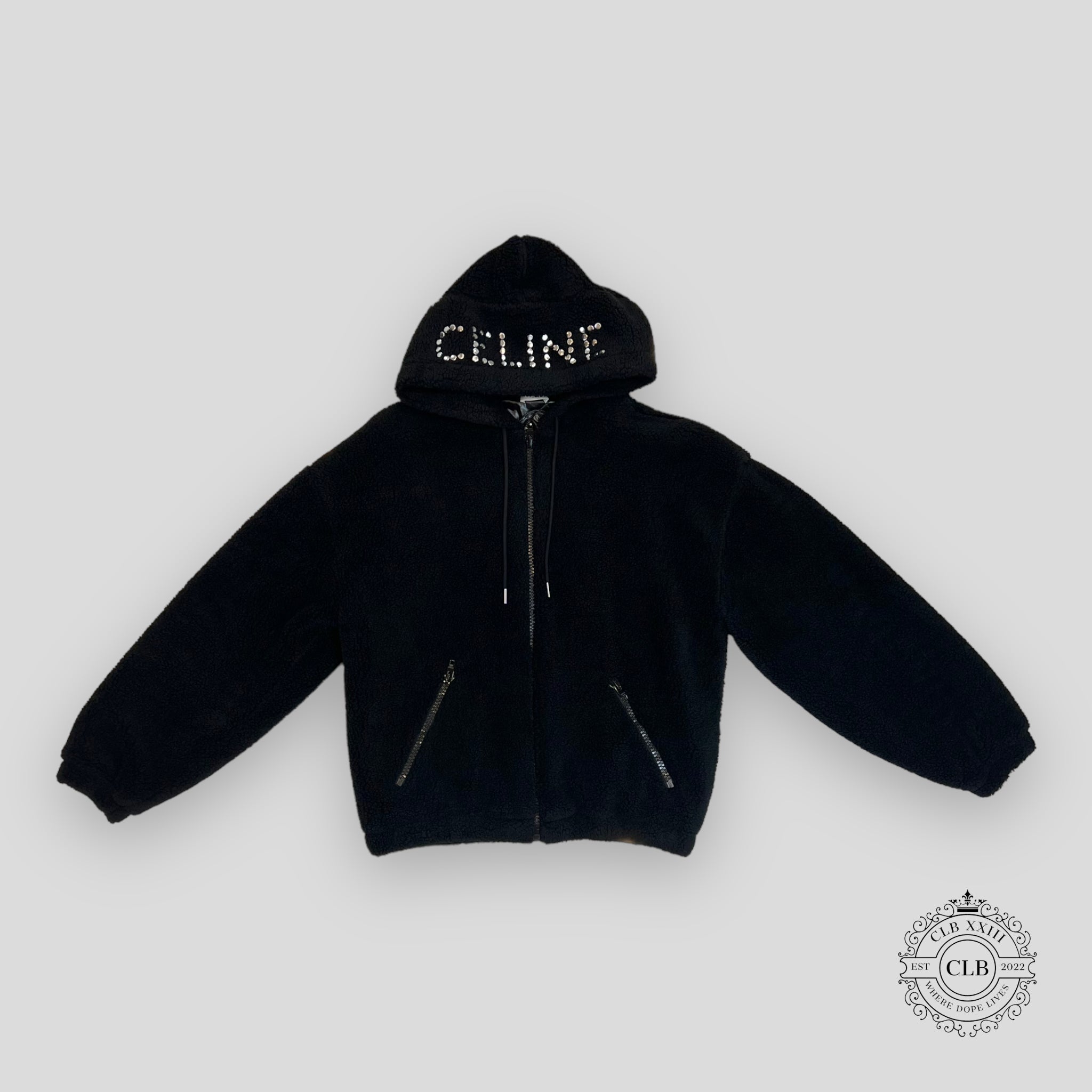 Celine Homme Logo Embellished Fleece Hoodie in Black jacket zip men's unisex